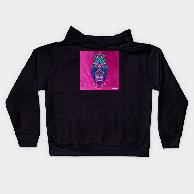 the magical owl in mandala in line art wallpaper ecopop Kids Hoodie by jorge_lebeau